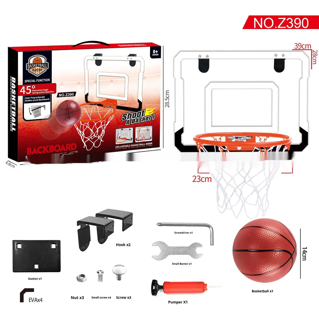 Folding basketball frame with red or blue 400x300mm panel, suction cup and iron hook mount with 16cm ball