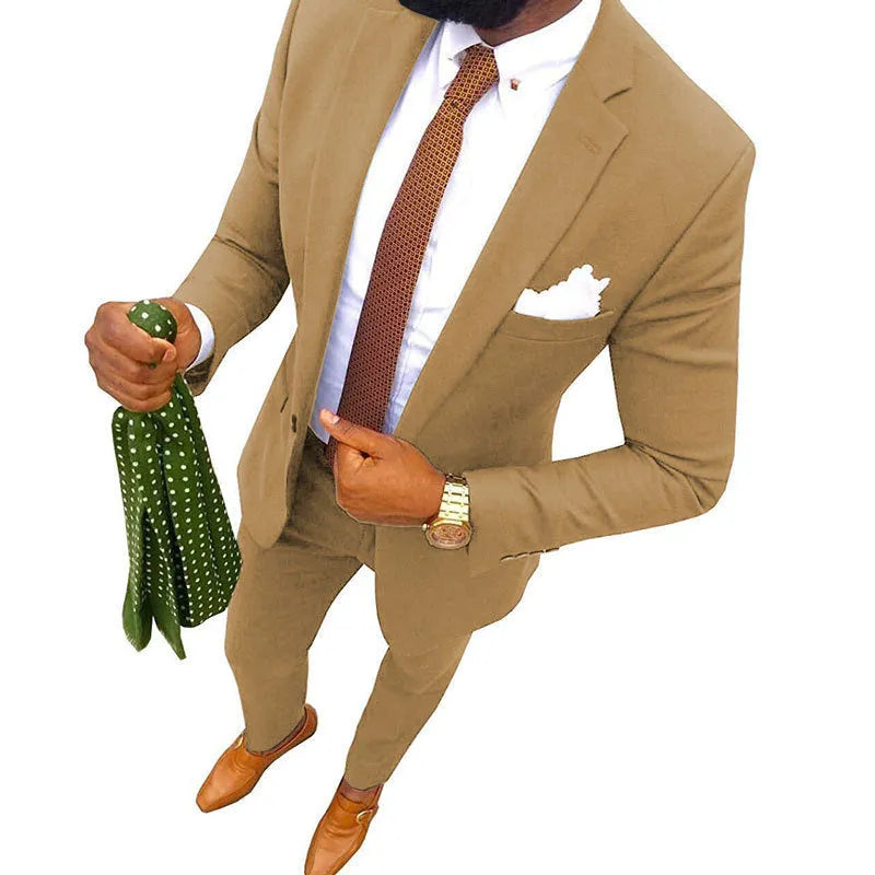 Men's multi-colour cotton banquet suit with jacket and trousers on a hanger