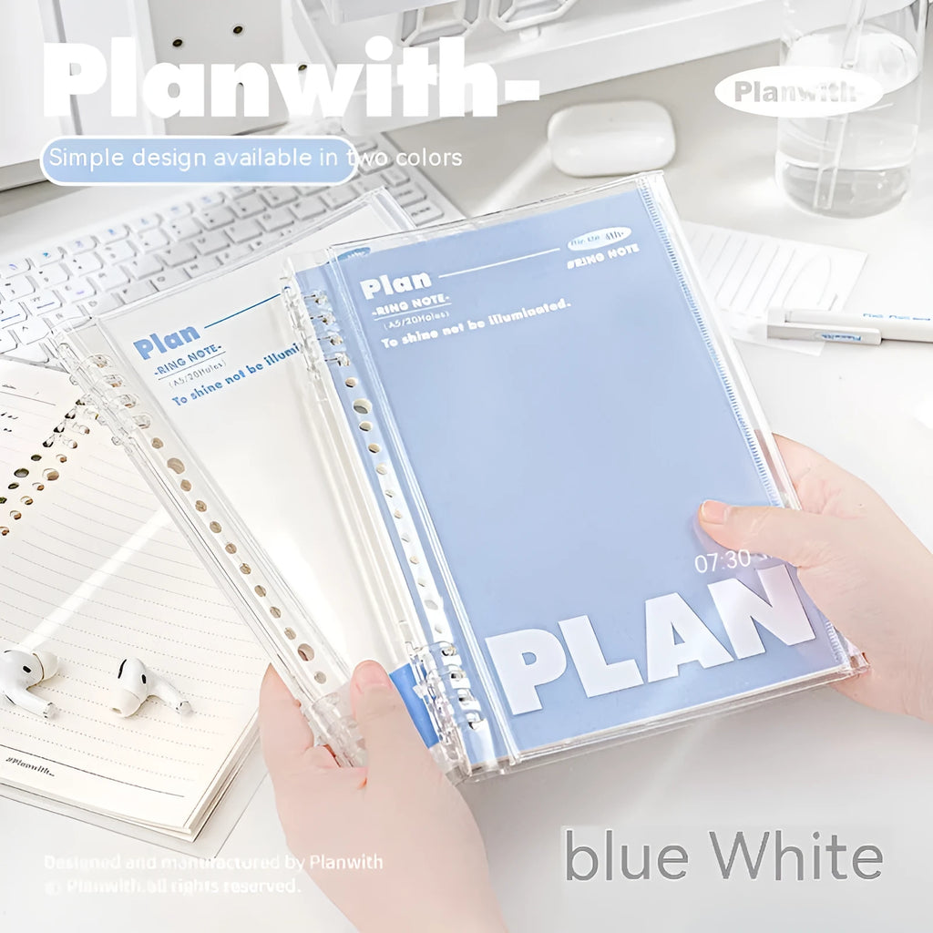 A5 PVC spiral notebook in blue or white with can store design for loose papers