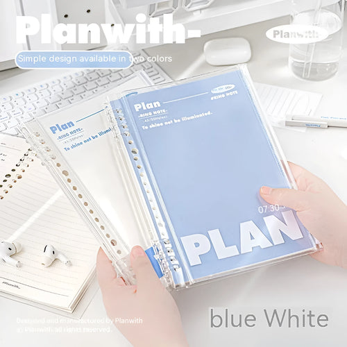 A5 PVC spiral notebook in blue or white with can store design for loose papers