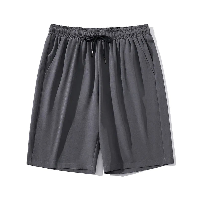 Men's cropped ice silk sports casual pants in nylon, shown in black, grey, khaki, or blue.