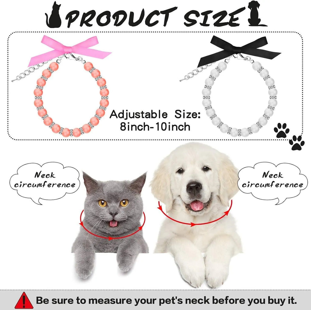 Small dog wearing a blue adjustable pearl and rhinestone necklace with a ribbon bow