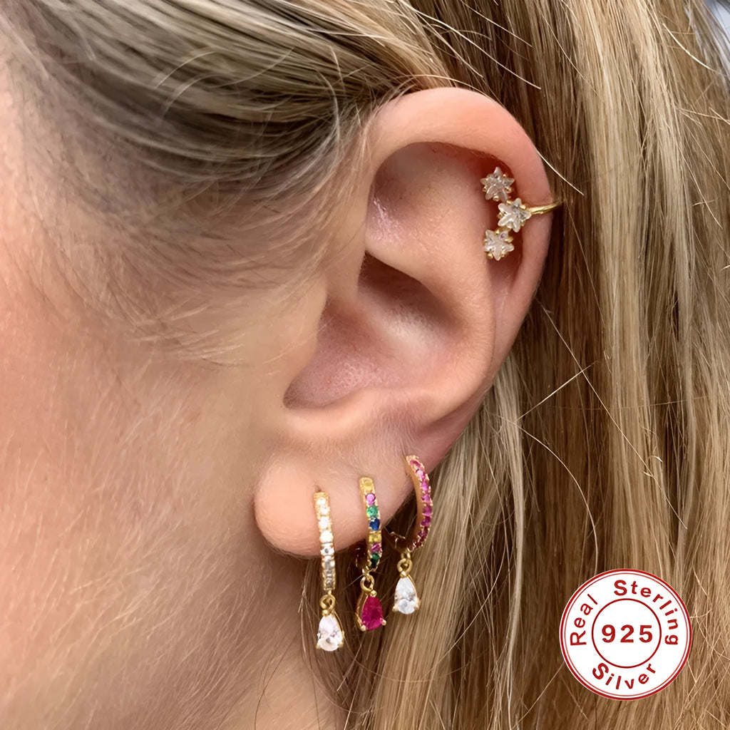 S925 sterling silver geometric water drop earrings with electroplated finish and decorative stones