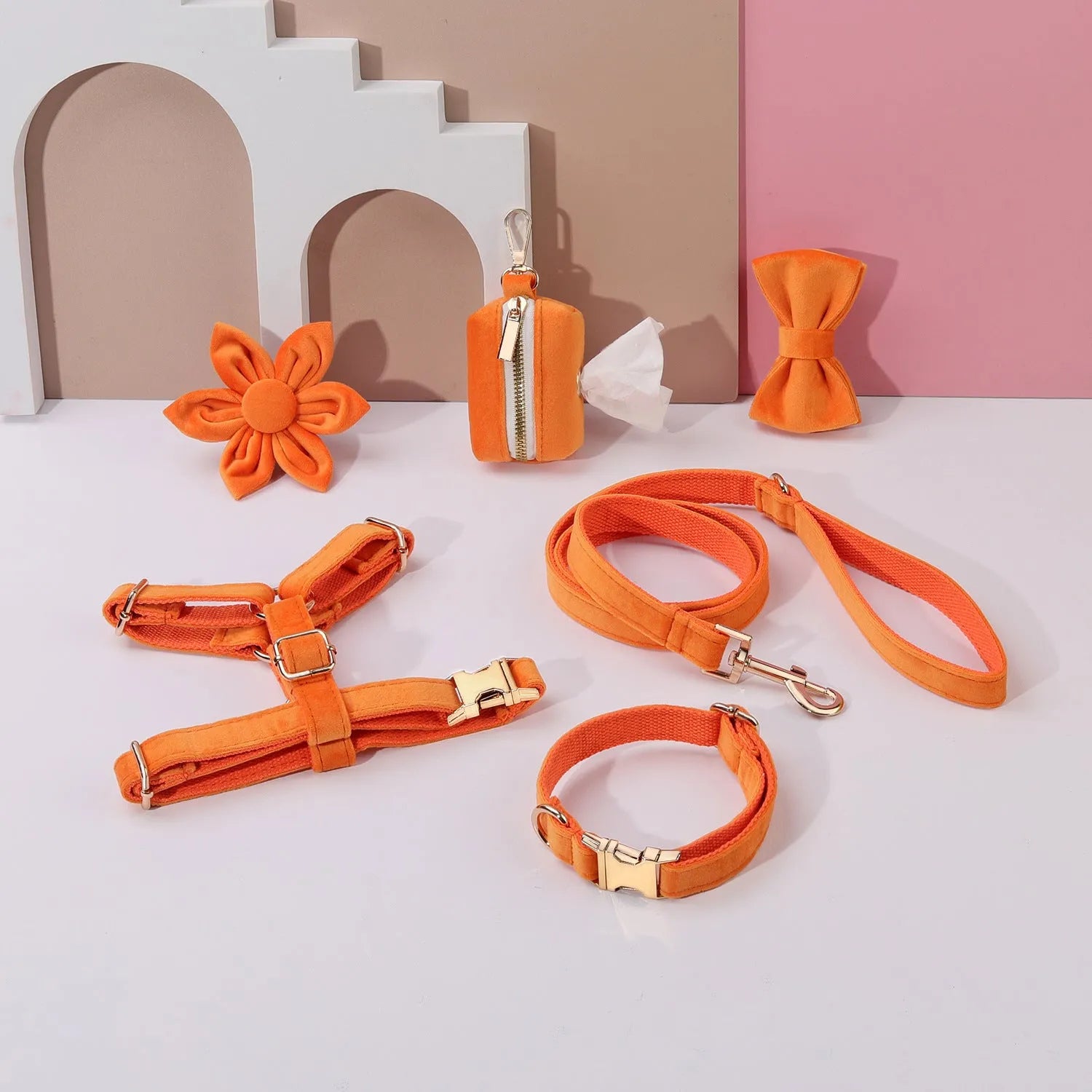 Classic velvet soft pet collar and traction rope set with chest strap, bow tie, flower and toilet bag accessories