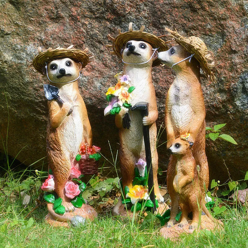 Yellow brown straw hat mongoose resin ornament with rake or shovel for garden decoration