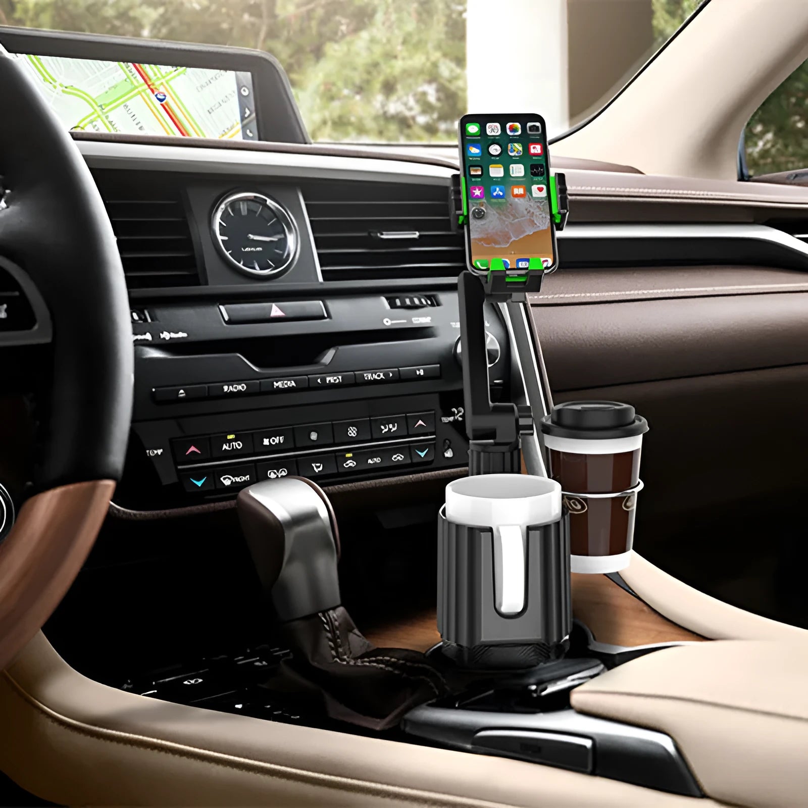 Green universal car drink holder and mobile phone mount with adjustable clamp.