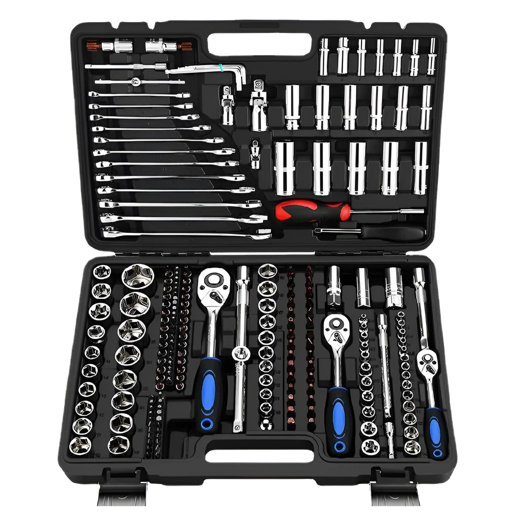 CR-V chromium vanadium steel socket ratchet wrench set with multiple sockets for home and auto repair.