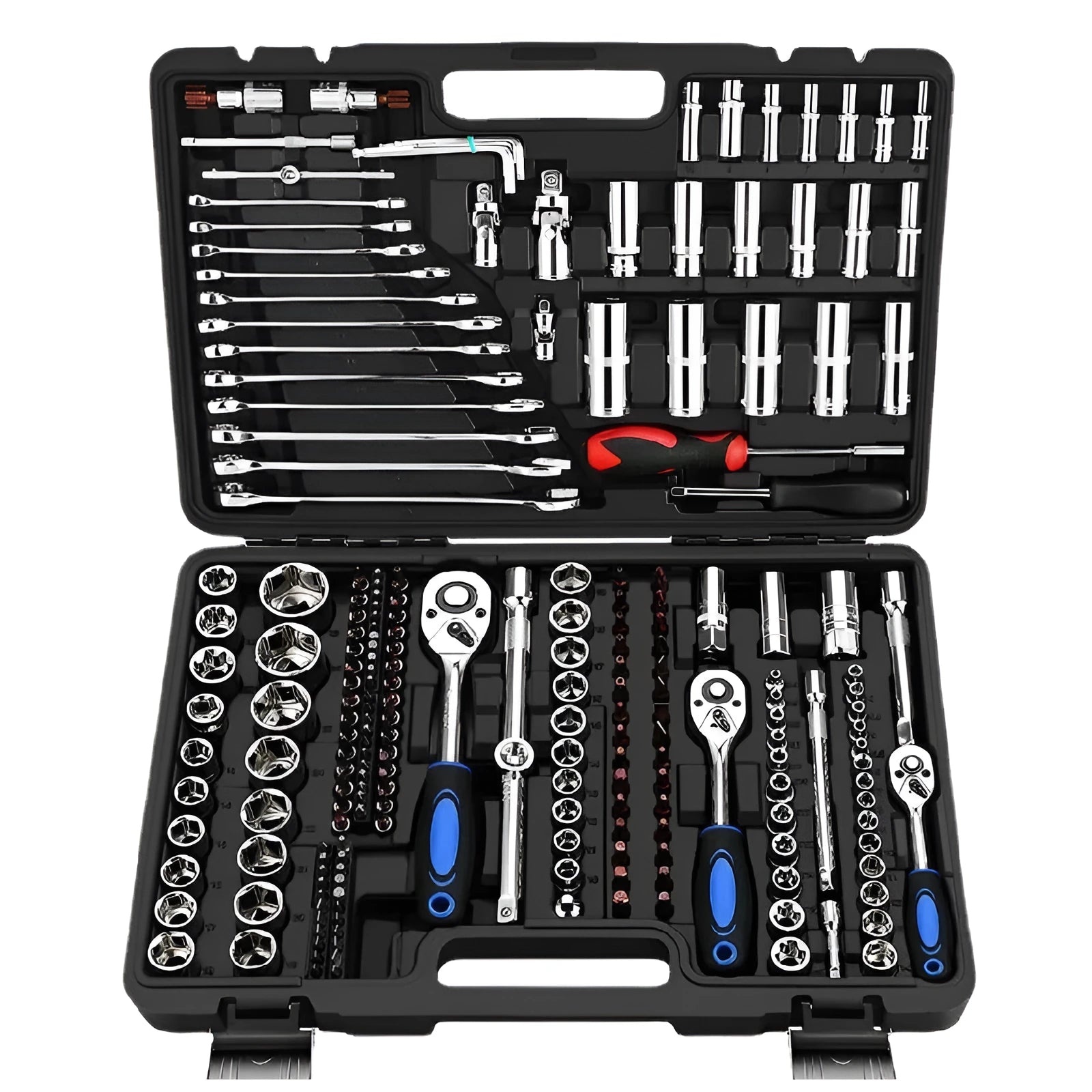 CR-V chromium vanadium steel socket ratchet wrench set with multiple sockets for home and auto repair.
