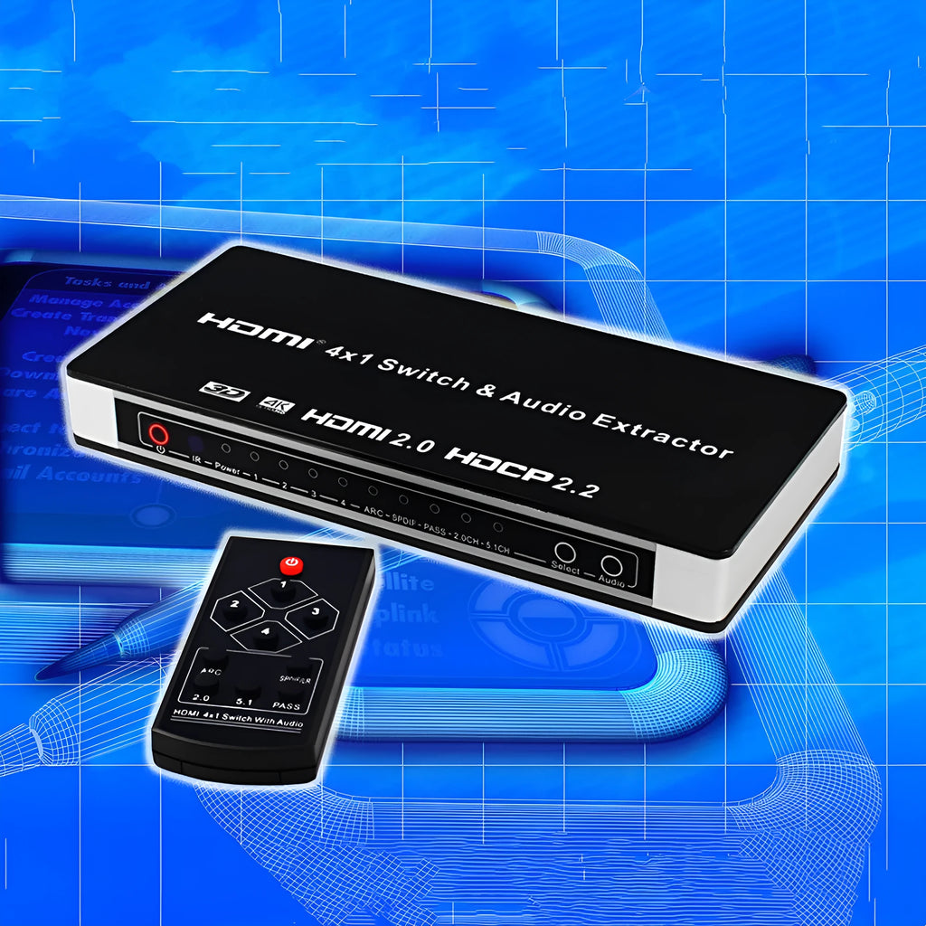 Black 4-in 1-out HDMI audio extractor switch with remote control on a dark surface.