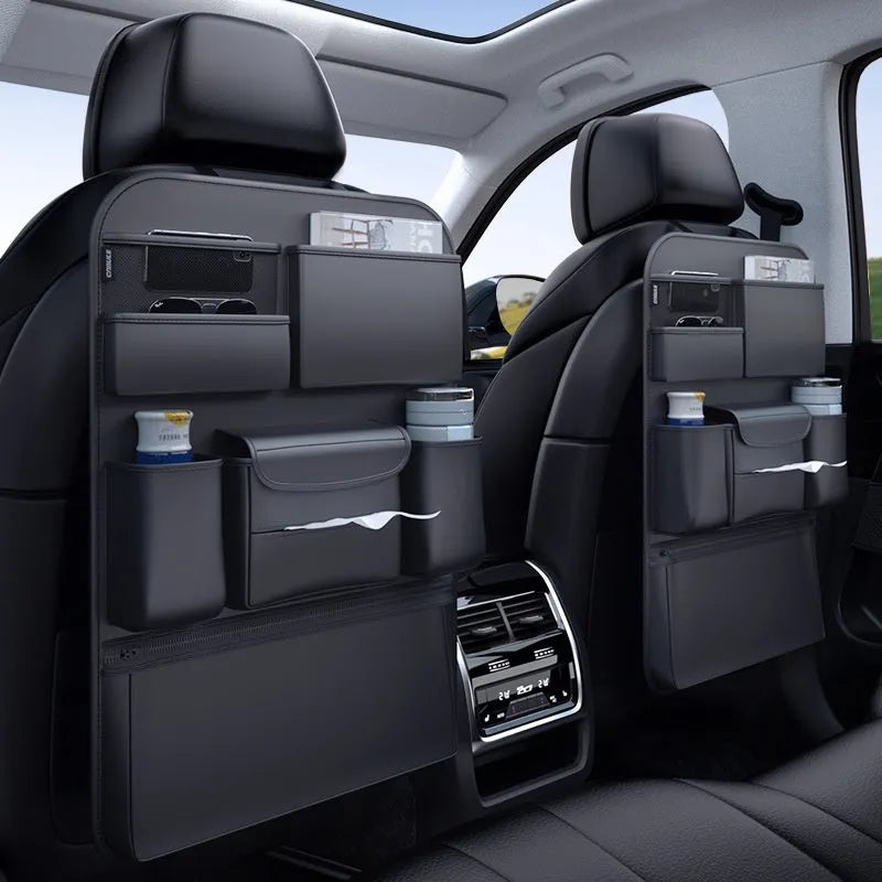 Black leather car seat back hanging storage bag with a handle, shown in large and small sizes for buggy organisation.