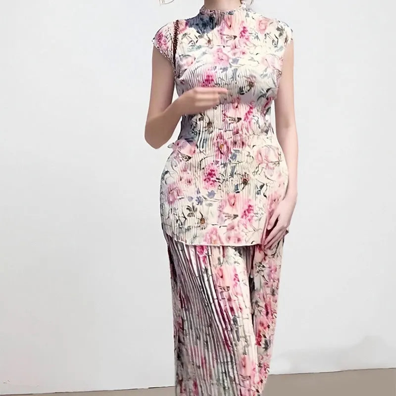 Long sleeve printed chiffon dress set with high waist skirt and matching top in picture colour floral design