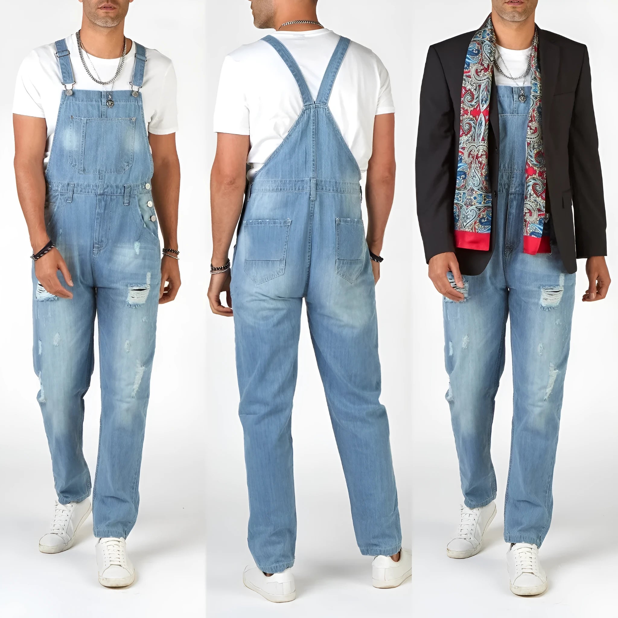 Light blue men's high-waisted jeans with button-on suspenders and a straight leg.