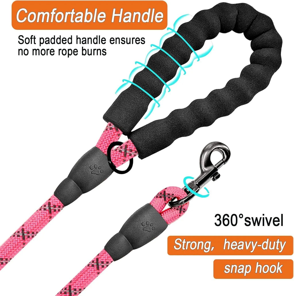 Pink 5 ft heavy duty dog leash with 1/2 inch nylon climbing rope, padded handle, reflective threads and metal clip hook