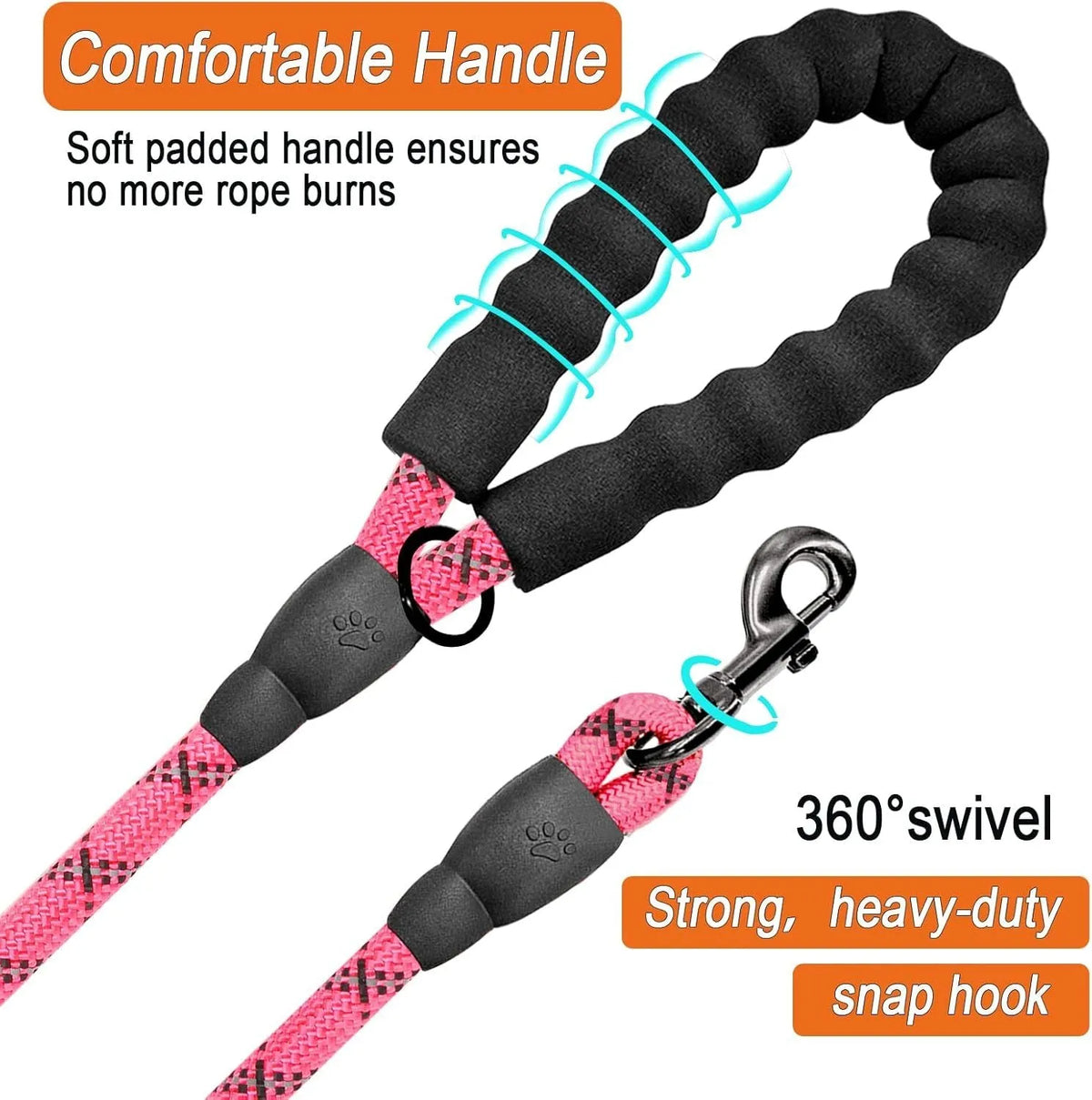 Pink 5 ft heavy duty dog leash with 1/2 inch nylon climbing rope, padded handle, reflective threads and metal clip hook