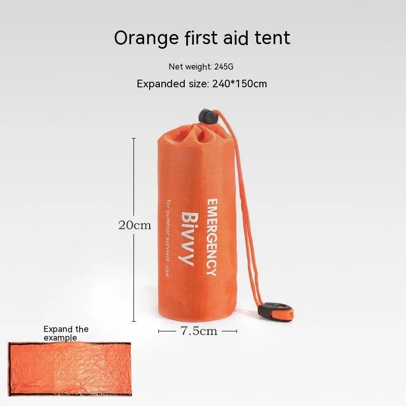 Portable orange disaster relief tent with sleeping bag and emergency blanket for emergency shelter