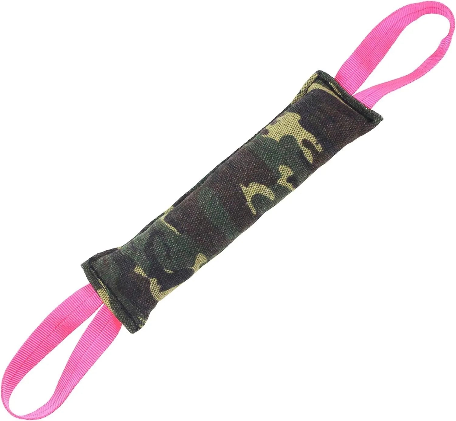 Beige woven jute dog tug toy with two fabric handles on a grey background.
