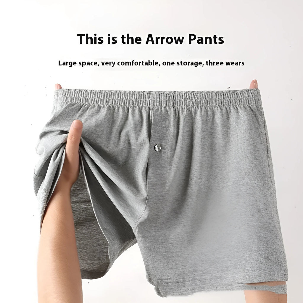 Men's cotton boxer shorts in light grey, dark blue and black colours showing high waist loose fit design