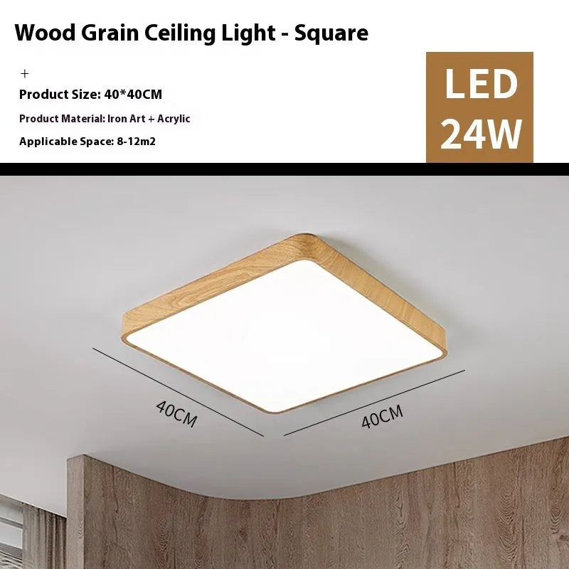 Square Nordic LED ceiling light with wood grain finish and iron frame in white light mode