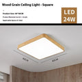 Square Nordic LED ceiling light with wood grain finish and iron frame in white light mode