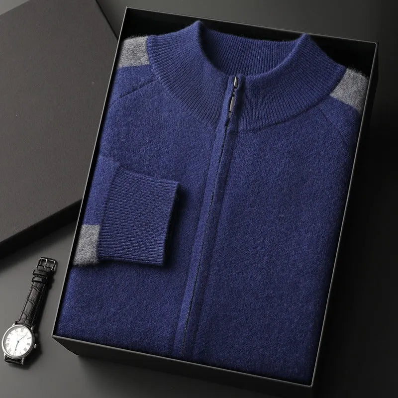 Men's cashmere blend cardigan suit set with half turtleneck top and matching trousers in winter colours