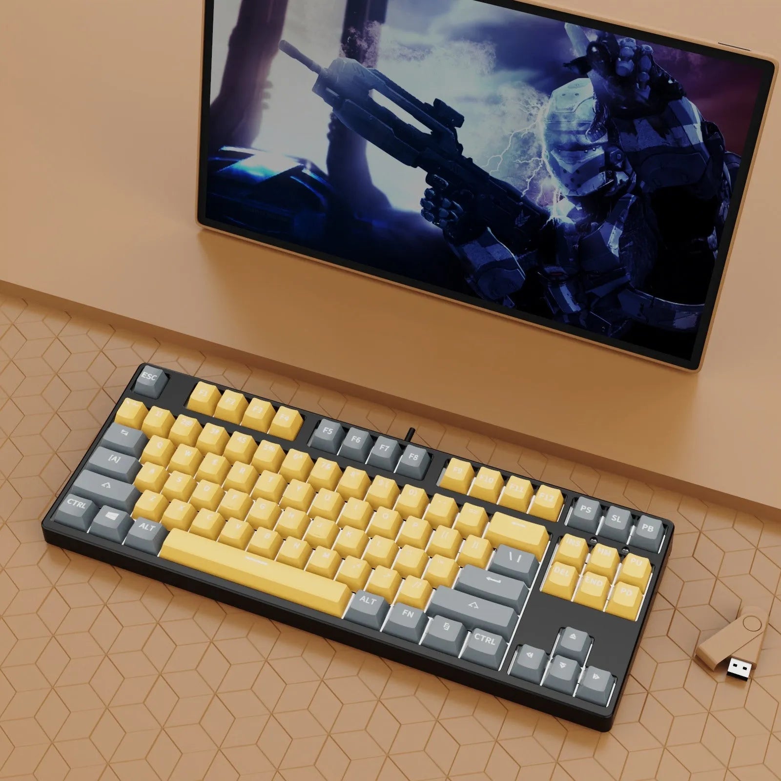 87 key wired mechanical keyboard with metal chassis shown in a black, orange, and yellow colour configuration.