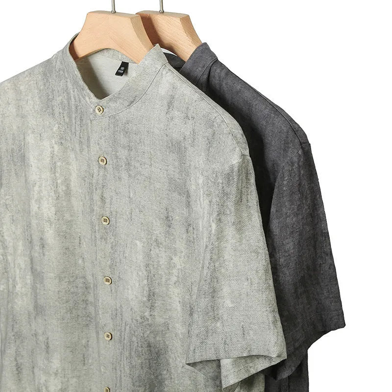 Men's loose fit linen shirt with stand collar in black grey colour