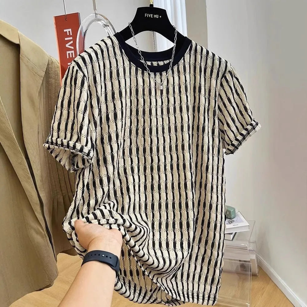 Black striped linen and silk-blend men's casual shirt with short sleeves and loose fit