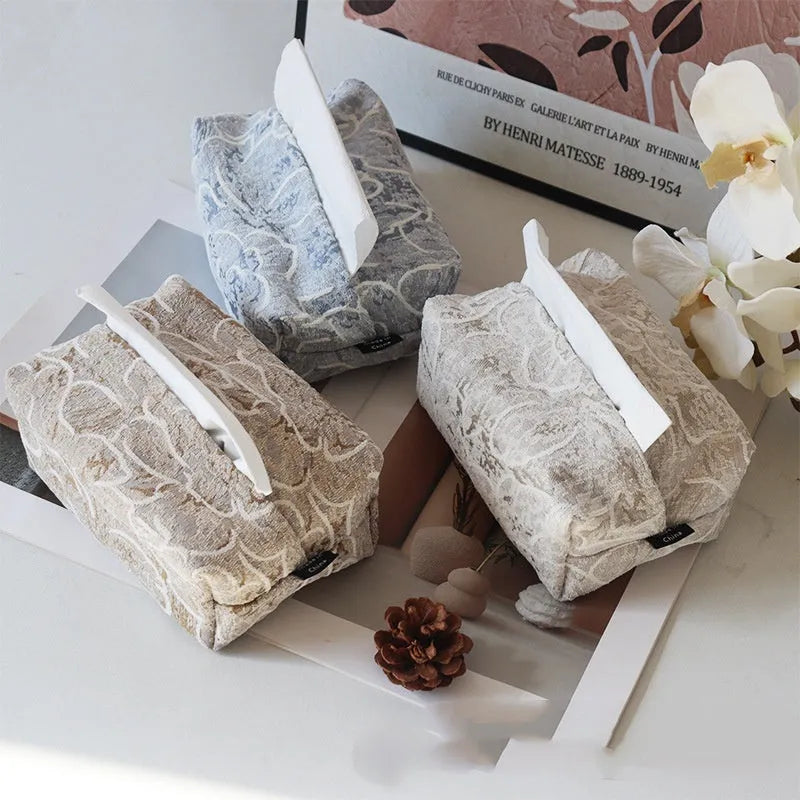 Chinese pastoral style cotton fabric tissue box in beige, blue, or brown rose colour