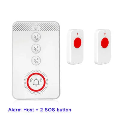 White emergency alert system with one buzzer unit and three wireless emergency buttons for elderly safety