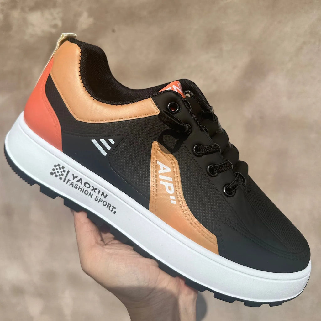 Men's round-toe casual shoes in artificial PU, shown in M15 white orange, white black, and white brown colour options.