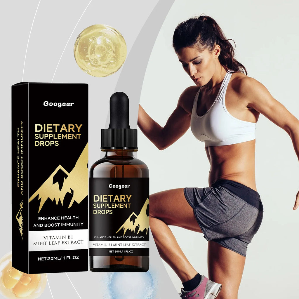 30ml glass bottle of vitamin D3 and K2 dietary supplement drops with a black dropper.