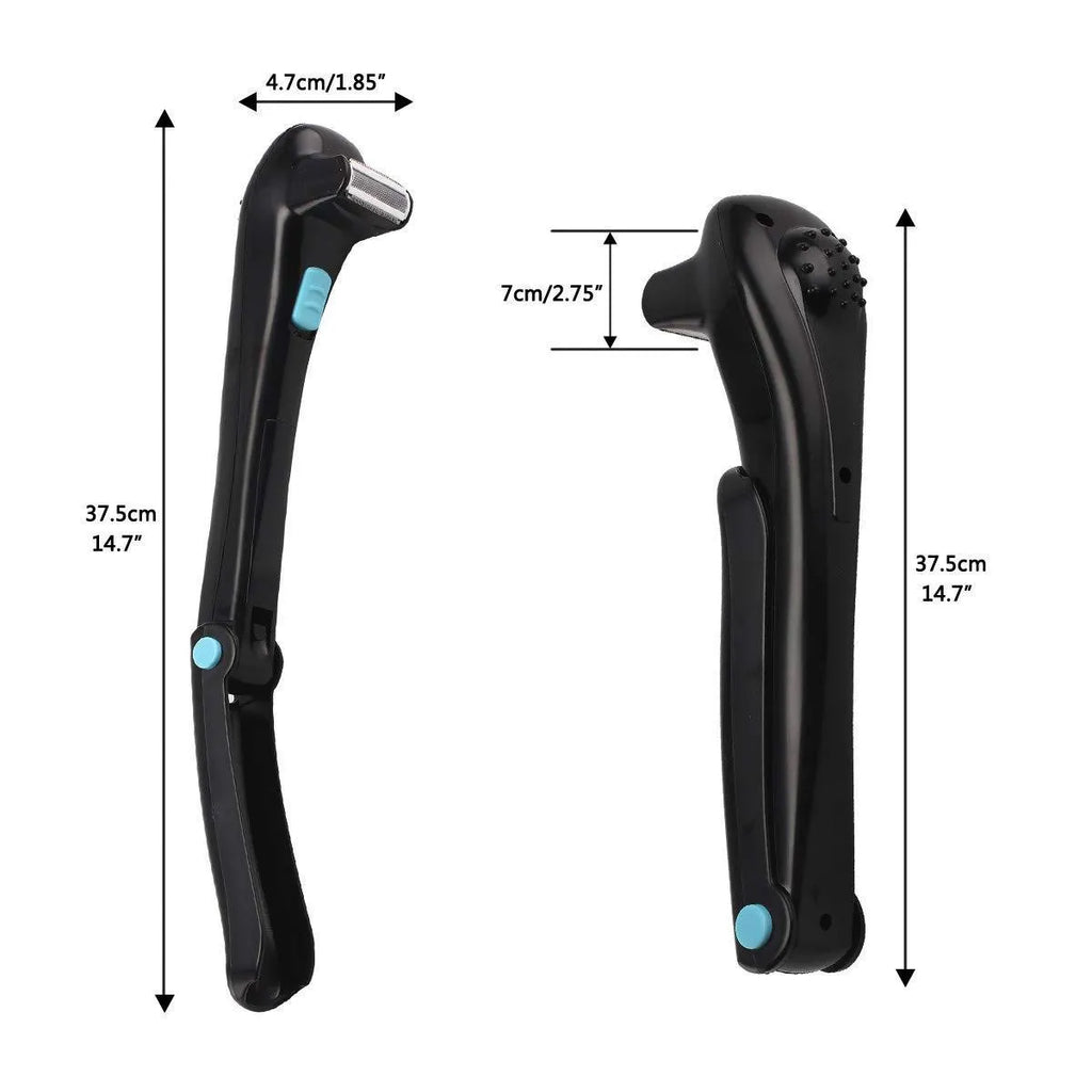 Black folding electric body shaver on a white background.
