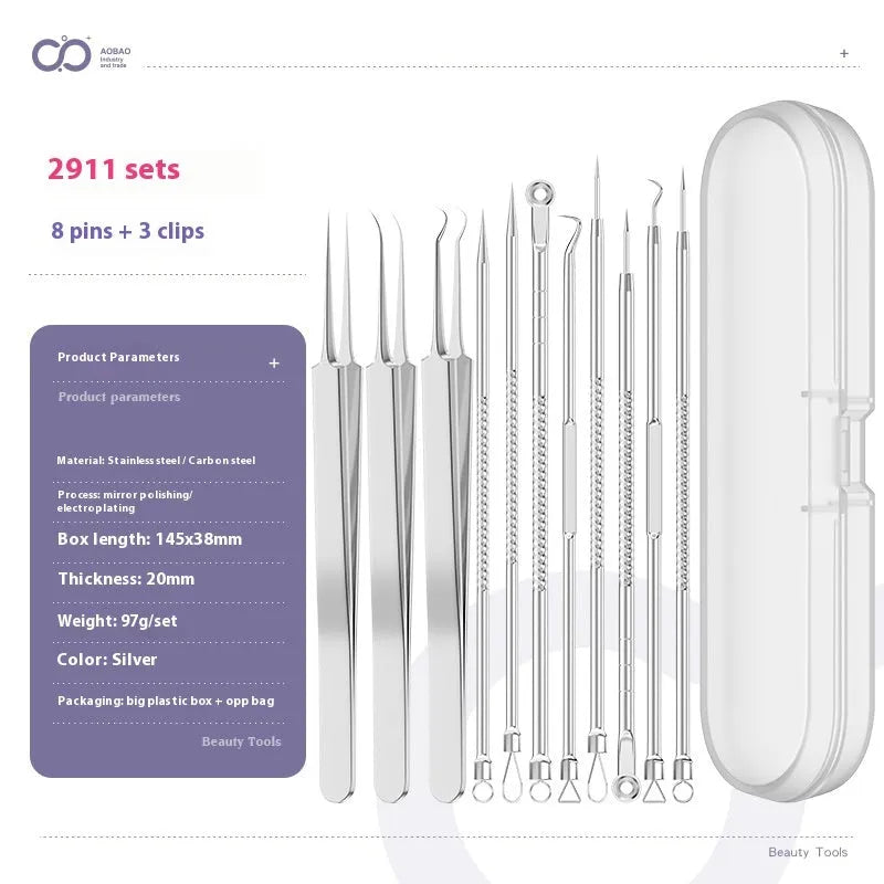 Four silver metal acne needles with fine pointed tips for blackhead removal.