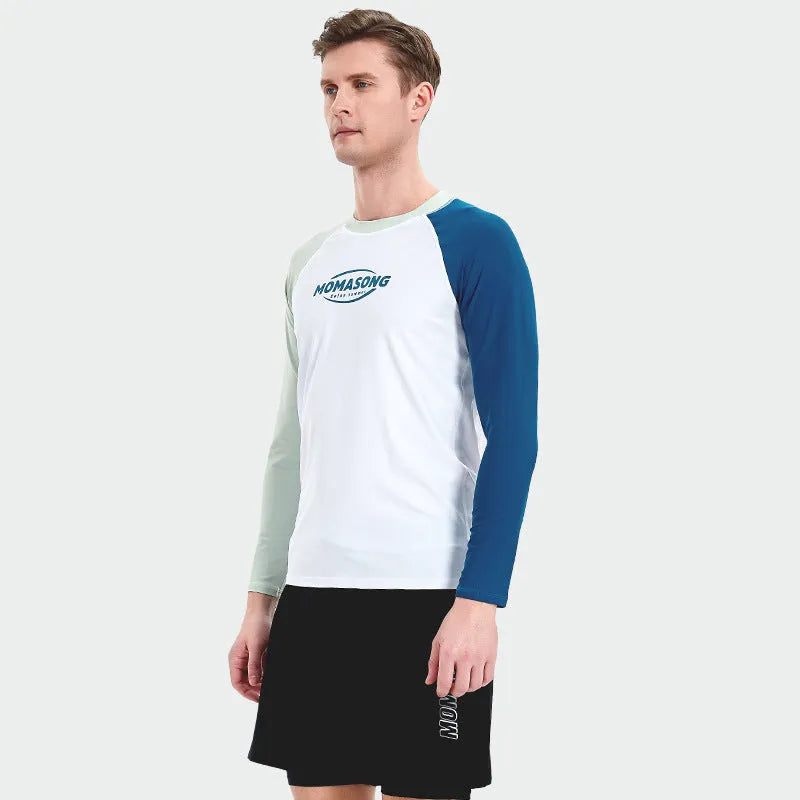 Men's white long-sleeved swim top with matching double layer beach swim trousers set