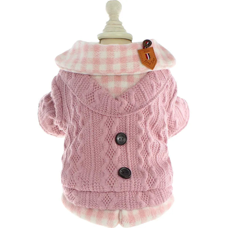 Blue plaid fleece-lined dog sweater jacket on a mannequin, size label visible