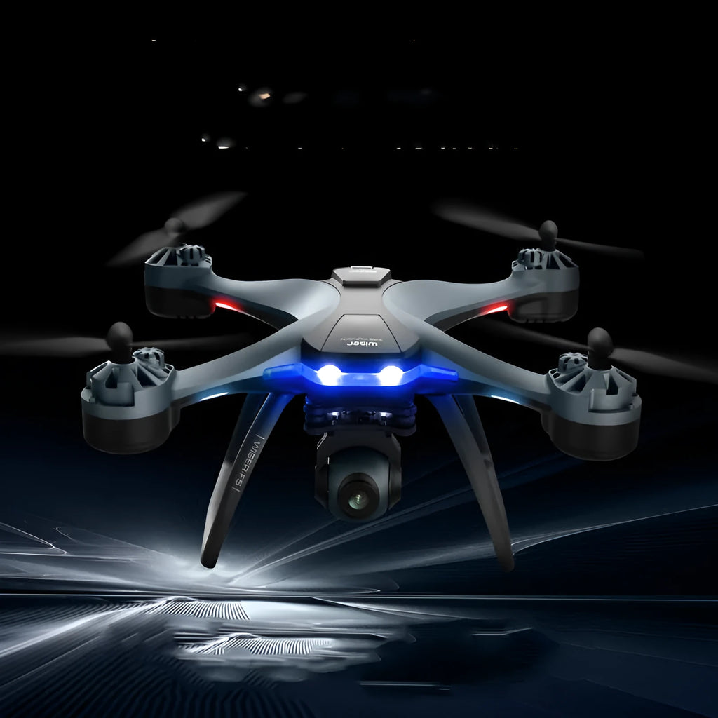 GPS quadrocopter toy drone with remote controller, spare blades, and landing gear on white background