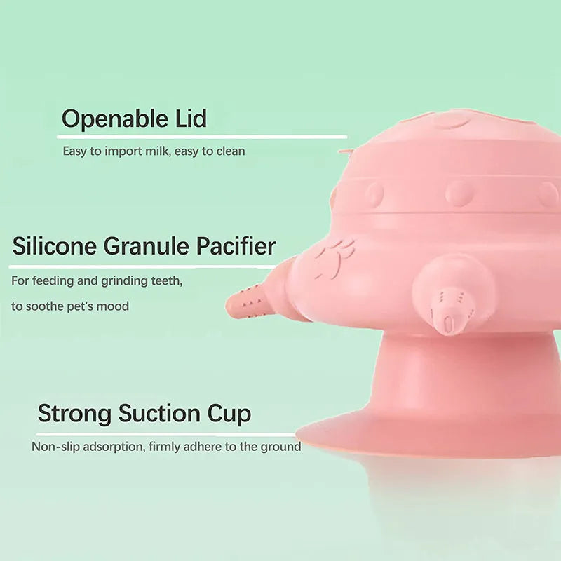 Pink pet nursing device with bionic breast-shaped milk bowl and silicone pacifiers