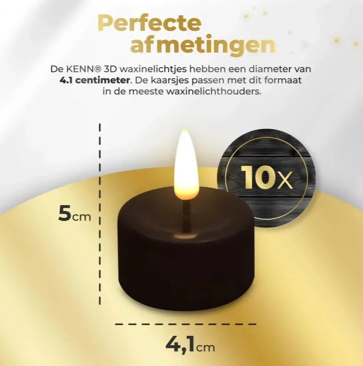 Set of four black S10 model LED flameless tealight candles showing size.