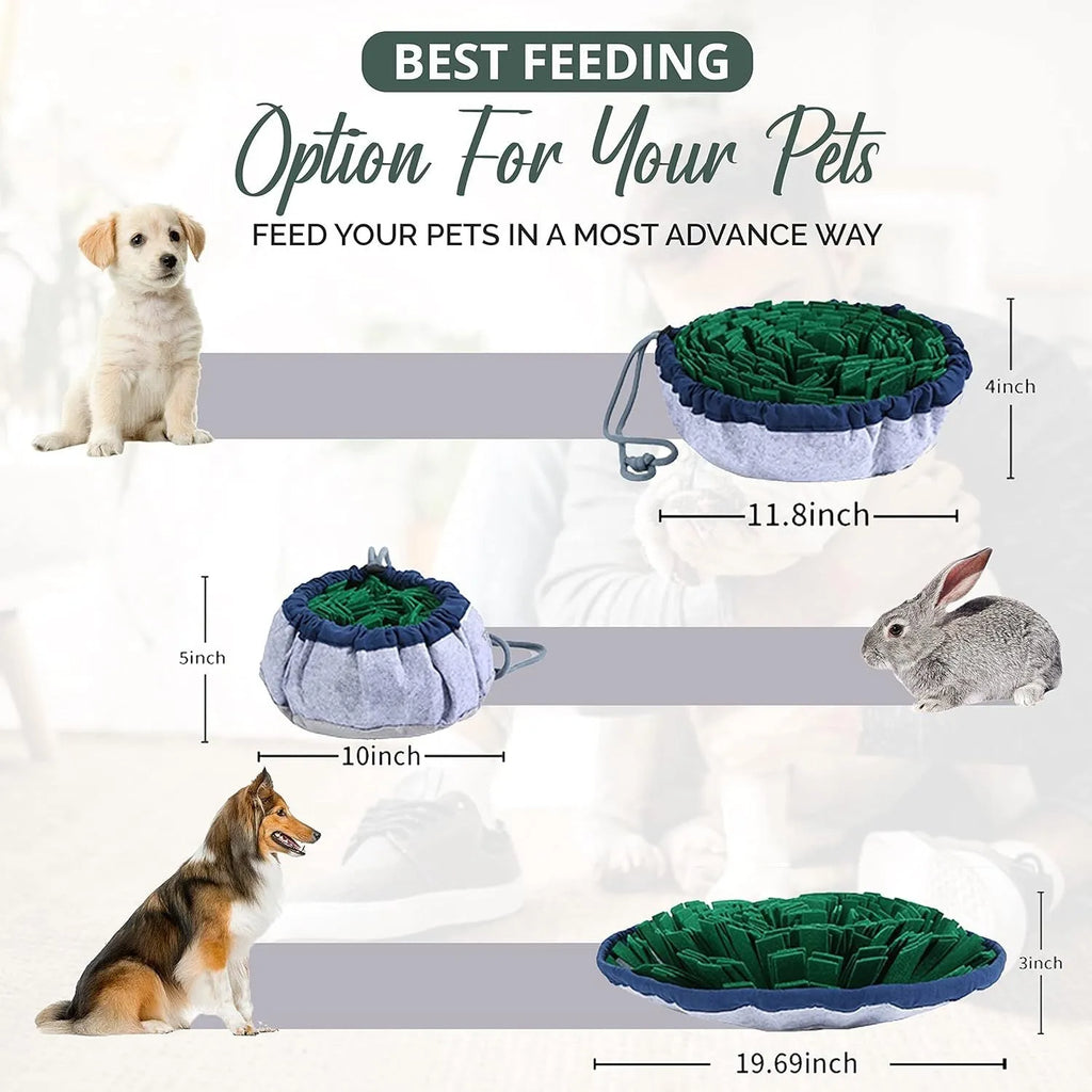 Blue adjustable cotton snuffle mat for dogs with non-slip backing on a wooden floor.