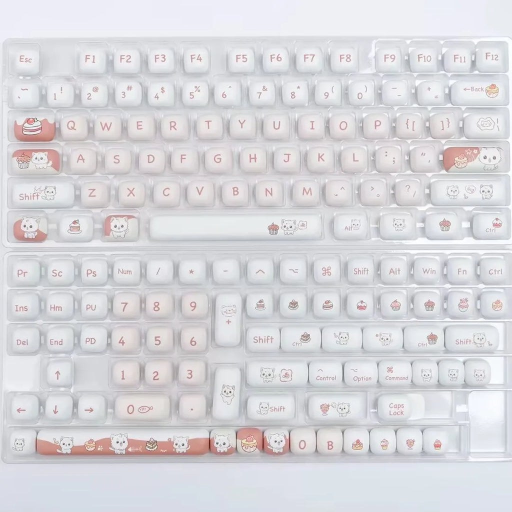 Close-up of a rounded mechanical keyboard key cap with a colourful cartoon dessert cat character print.