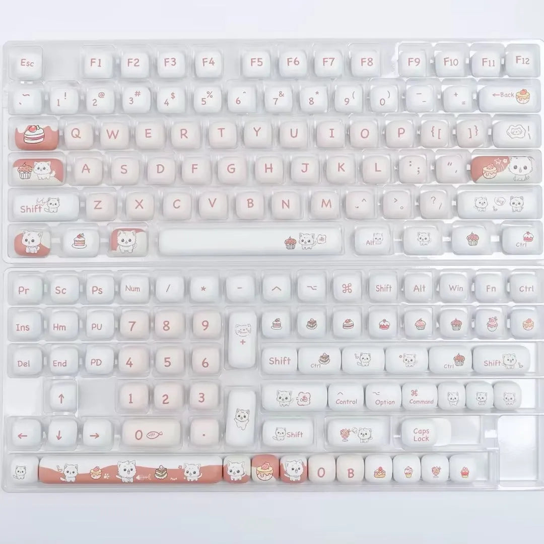 Close-up of a rounded mechanical keyboard key cap with a colourful cartoon dessert cat character print.