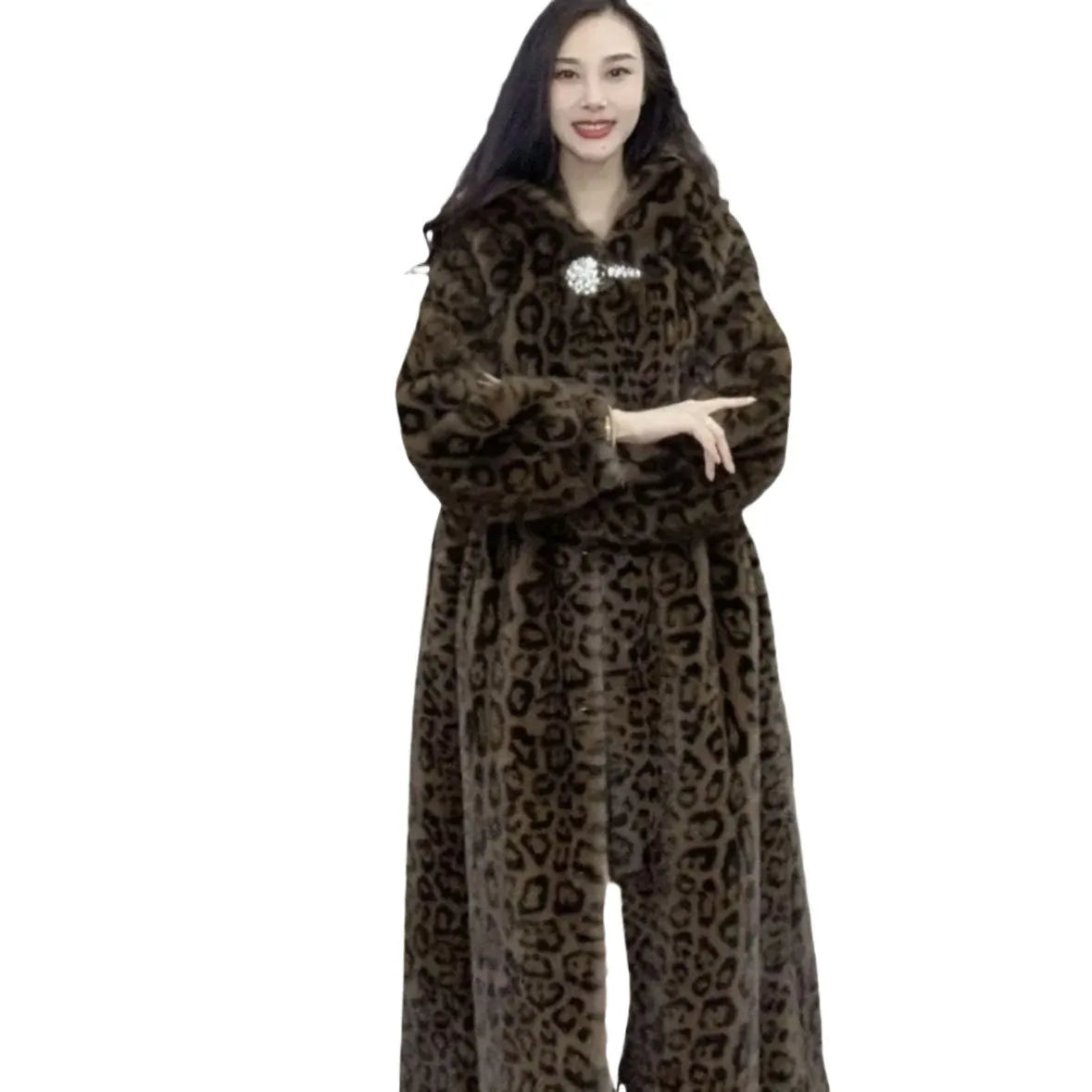 Long brown leopard print plus size faux fur coat on a hanger
