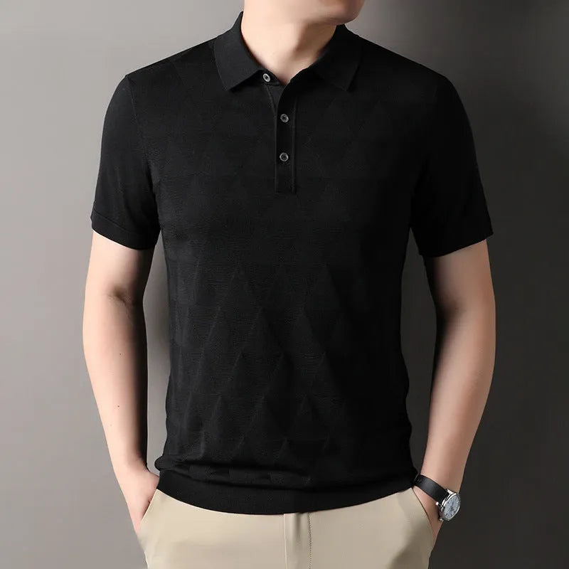 Man wearing a thin green Ice Silk lyocell short sleeve T-shirt with a regular fit.