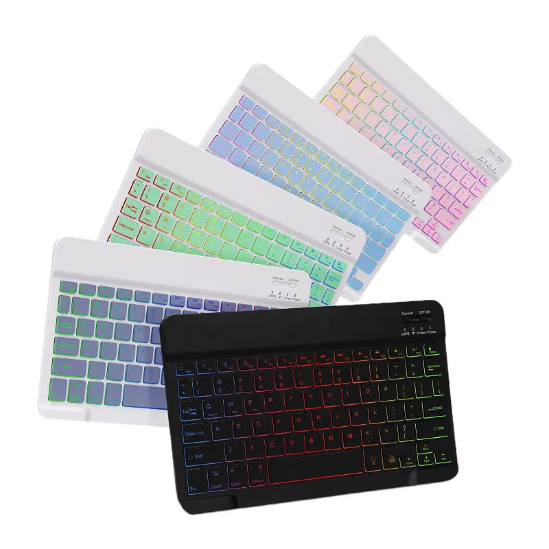 Colourful iPad protective case with luminous RGB backlit Bluetooth keyboard and mouse on a desk