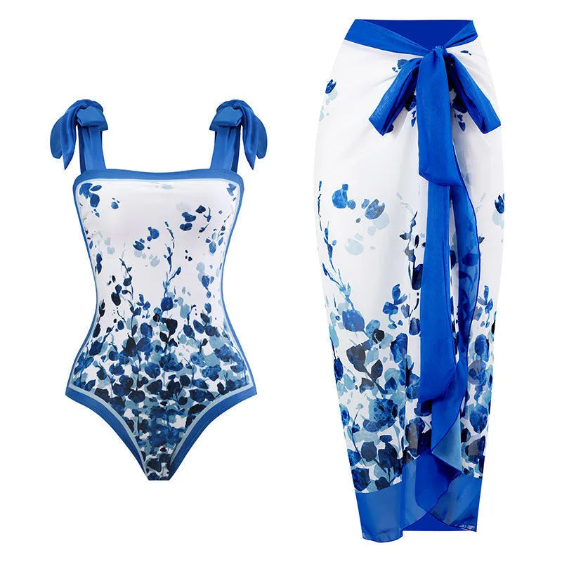 Women's one-piece swimsuit with chiffon skirt in floral pattern design