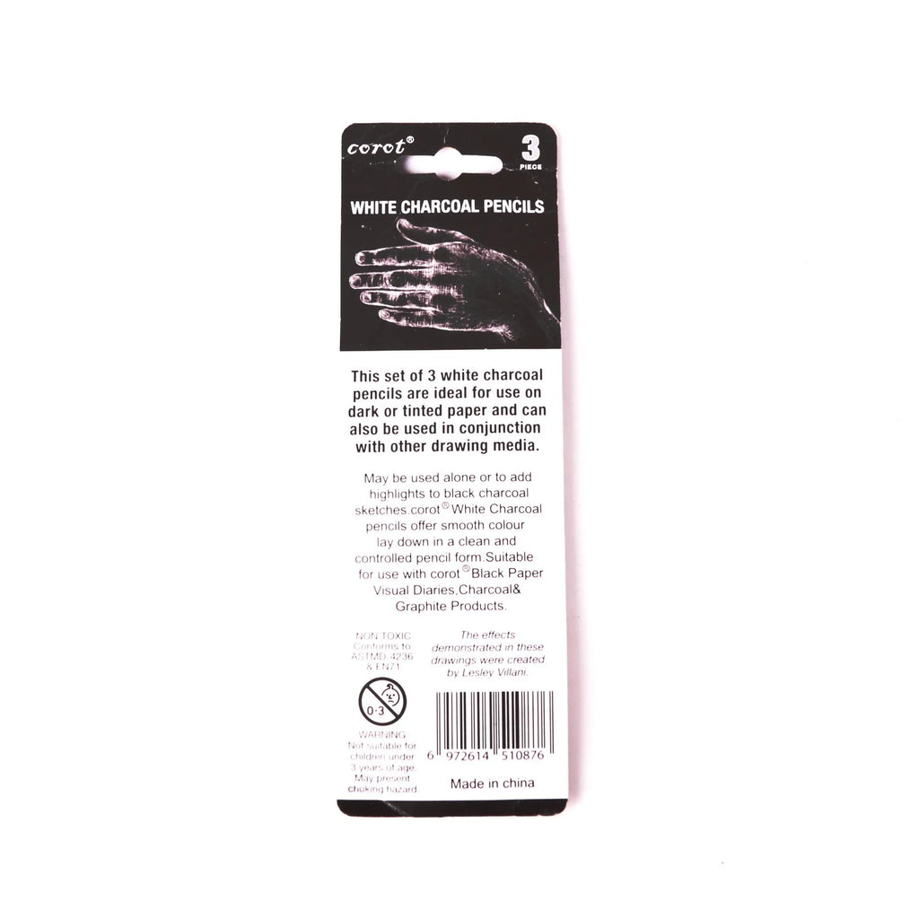 Set of three white charcoal pencils with wooden shells for highlighting and shading art on dark paper