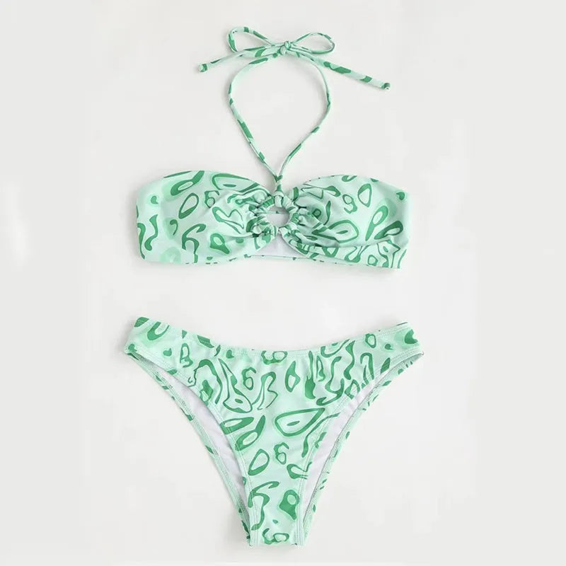 Women's floral bandeau bikini swimsuit in blue with split hipster design