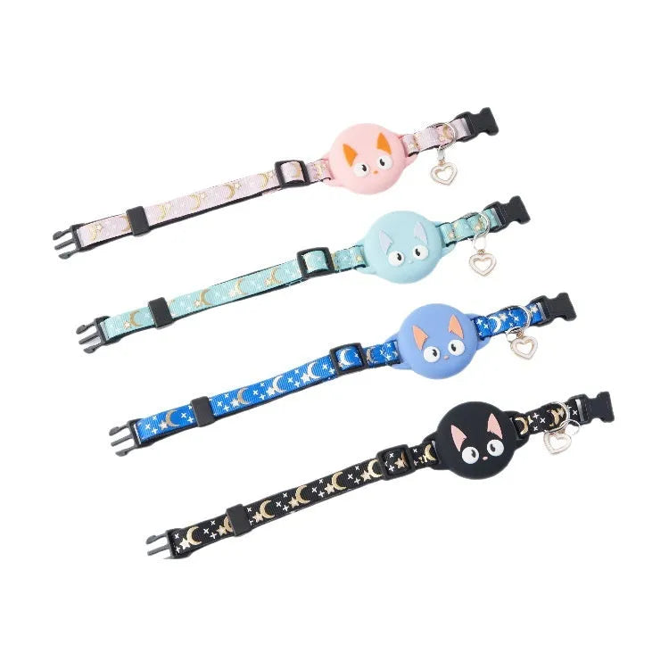 Adjustable plastic cat collar with silicone Apple AirTag protective case in pink colour.