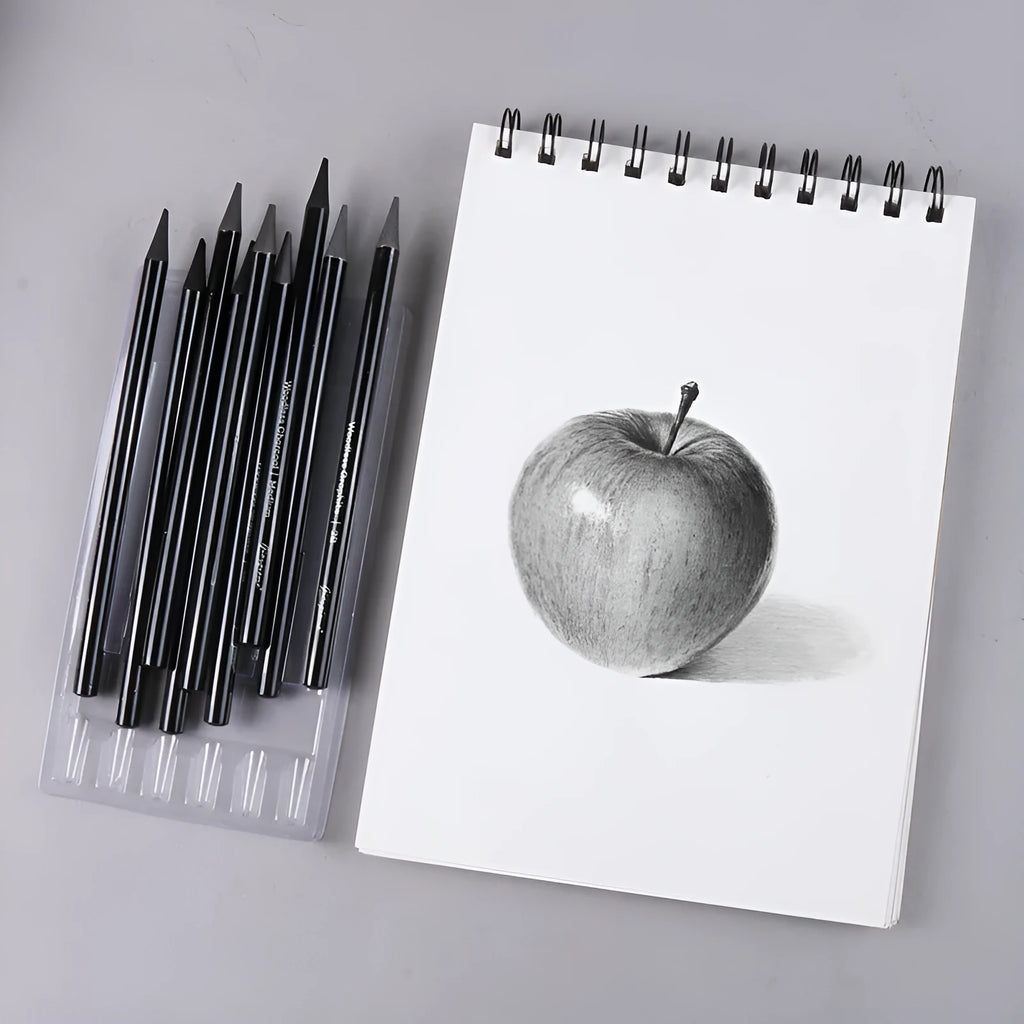 Carbonized pencil set showing 6 graphite and 3 carbonized pencils on suction card packaging
