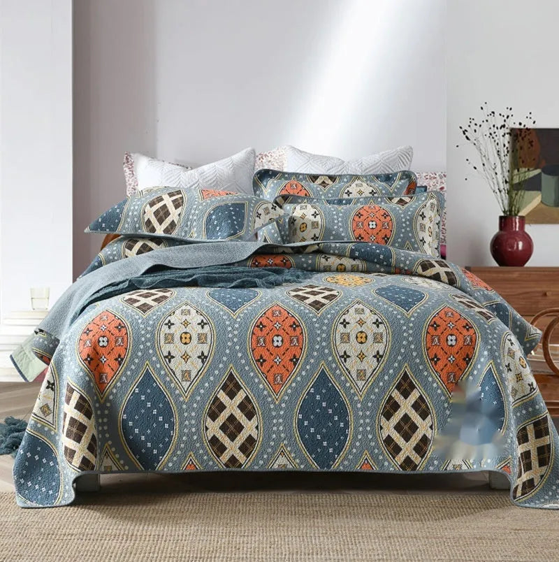 Pure cotton geometric pattern bedspread three-piece set showing double-sided design for 1.8 metre bed